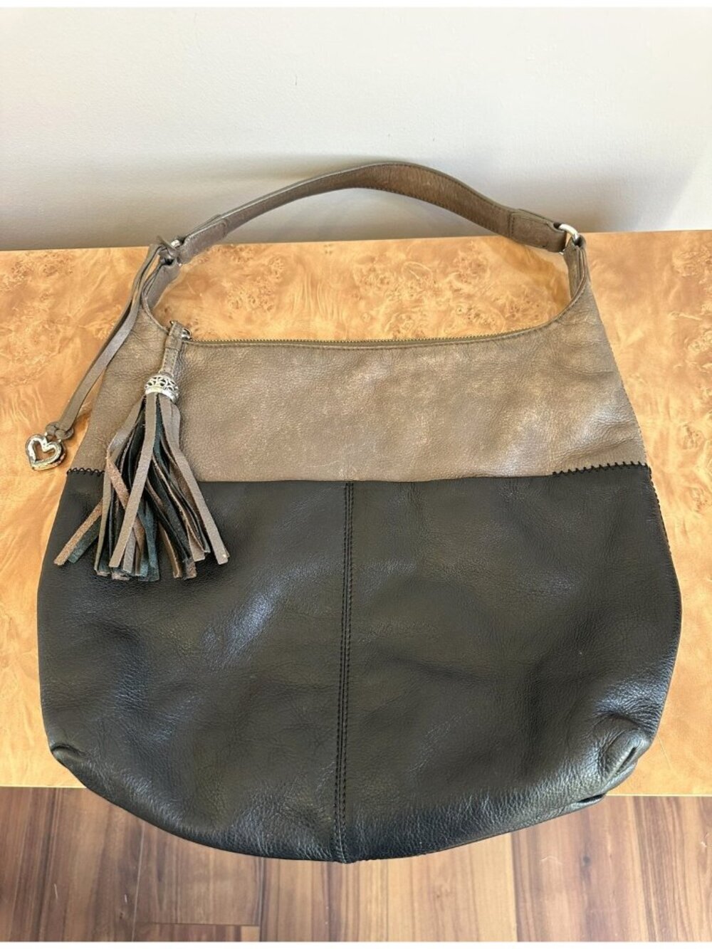 Brighton Barbados Leather Hobo Bag Colorblock Black Taupe Tassel Shoulder